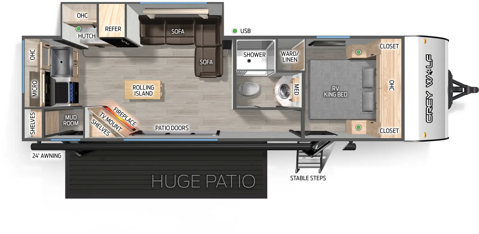 The Grey Wolf 26PS floorplan has one entry and one slide out. Exterior features include: metal exterior and 24' awning. Interiors features include: rear kitchen and front bedroom.